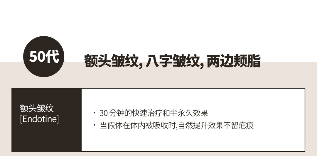 50代 额头皱纹, 八字皱纹, 两边颊脂 ,额头皱纹 [Endotine] -ㆍ 30 分钟的快速治疗和半永久效果 ㆍ 当假体在体内被吸收时,自然提升效果不留疤痕 