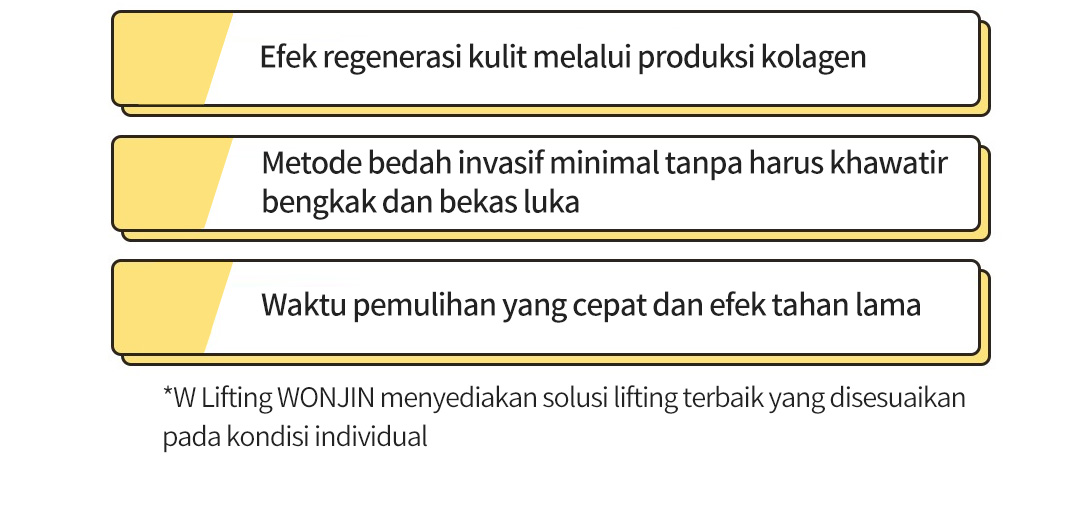 Efek regenerasi kulit melalui produksi kolagen  / Metode bedah invasif minimal tanpa harus khawatir  bengkak dan  / *W Lifting WONJIN menyediakan solusi lifting terbaik yang dises