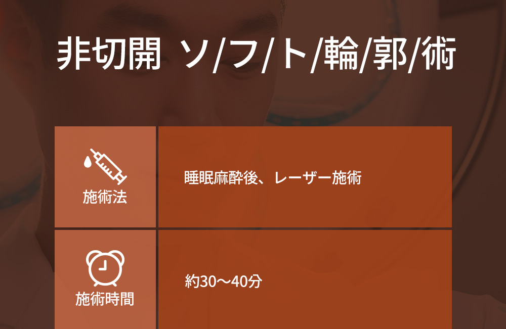 非切開  ソ/フ/ト/輪/郭/術 , 施術法-睡眠麻酔後、レーザー施術,施術時間-約30～40分