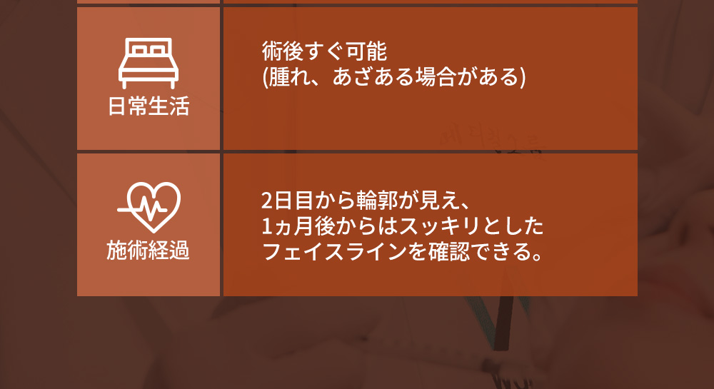 日常生活-術後すぐ可能(腫れ、あざある場合がある),施術経過- 2日目から輪郭が見え、1ヵ月後からはスッキリとしたフェイスラインを確認できる。