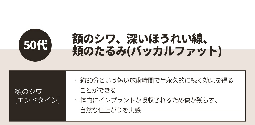 50代 - 額のシワ、深いほうれい線、頬のたるみ(バッカルファット), 額のシワ[エンドタイン]ㆍ 約30分という短い施術時間で半永久的に続く効果を得ることができるㆍ 体内にインプラントが吸収されるため傷が残らず、自然な仕上がりを実感