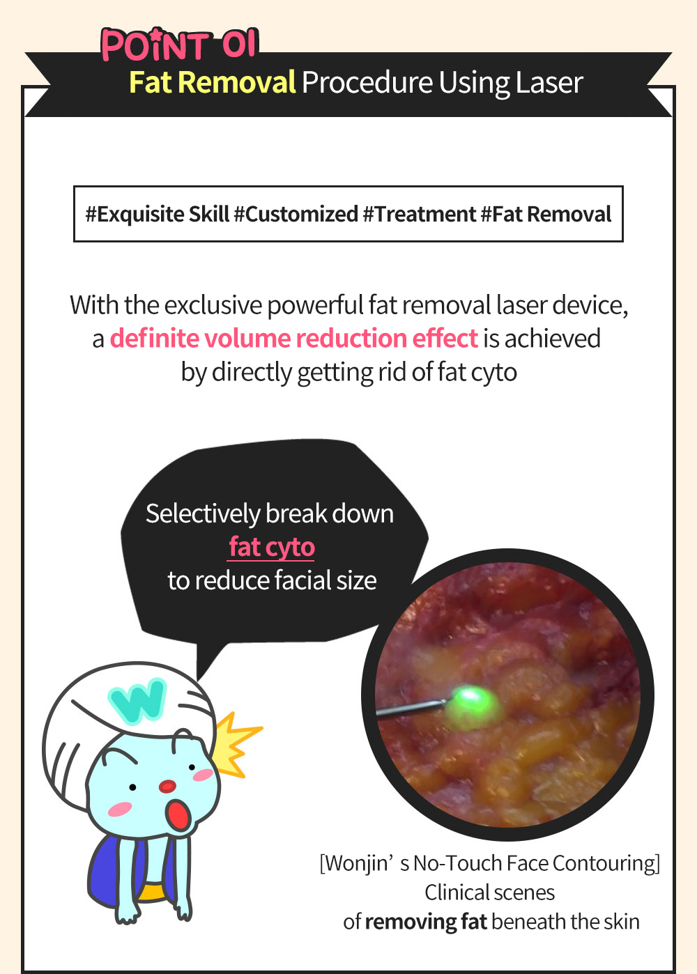 POINT 01 Fat Removal Procedure Using Laser ,#Exquisite Skill #Customized #Treatment #Fat Removal , With the exclusive powerful fat removal laser device,a definite volume reduction effect is achieved by directly getting rid of fat cytos , Selectively break down fat cytos to reduce facial size , [Wonjin’s No-Touch Face Contouring] Clinical scenes of removing fat beneath the skin