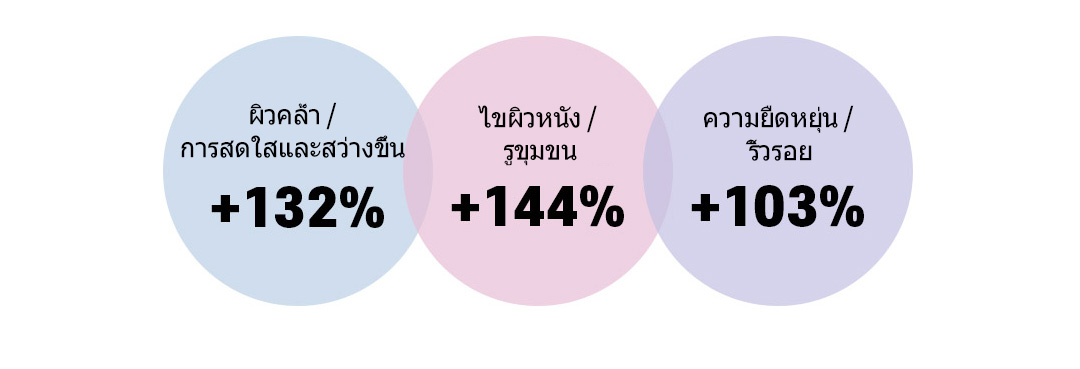 ผิวคล้ำ /  การสดใสและสว่างขึ้น  +132%, ไขผิวหนัง /  รูขุมขน  +144%, ความยืดหยุ่น /  ริ้วรอย  +103%