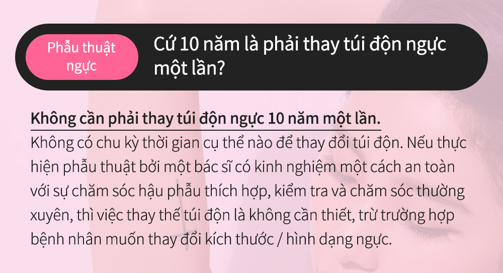 Phẫu thuậtngực - Cứ 10 năm là phải thay túi độn ngực một lần? Không cần phải thay túi độn ngực 10 năm một lần.Không có chu kỳ thời gian cụ thể nào để thay đổi túi độn. Nếu thực hiện phẫu thuật bởi một bác sĩ có kinh nghiệm một cách an toàn với sự chăm sóc hậu phẫu thích hợp, kiểm tra và chăm sóc thường xuyên, thì việc thay thế túi độn là không cần thiết, trừ trường hợp bệnh nhân muốn thay đổi kích thước / hình dạng ngực.