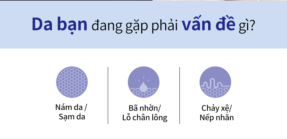 Da bạn đang gặp phải vấn đề gì? Nám da /Sạm da, Bã nhờn/Lỗ chân lông, Chảy xệ/Nếp nhăn