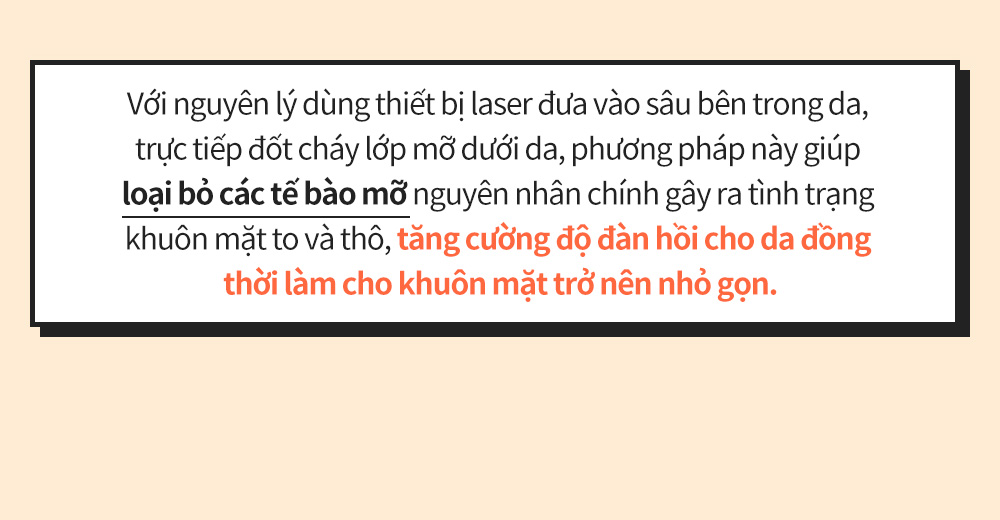 Với nguyên lý dùng thiết bị laser đưa vào sâu bên trong da, trực tiếp đốt cháy lớp mỡ dưới da, phương pháp này giúp loại bỏ các tế bào mỡ nguyên nhân chính gây ra tình trạngkhuôn mặt to và thô, tăng cường độ đàn hồi cho da đồng thời làm cho khuôn mặt trở nên nhỏ gọn.